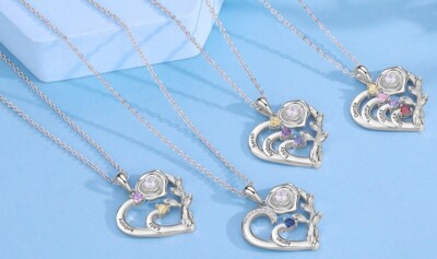 Engraved Rose Pendant Name + Birthstone Necklace Up to 4 Name's & 4 Birthstones