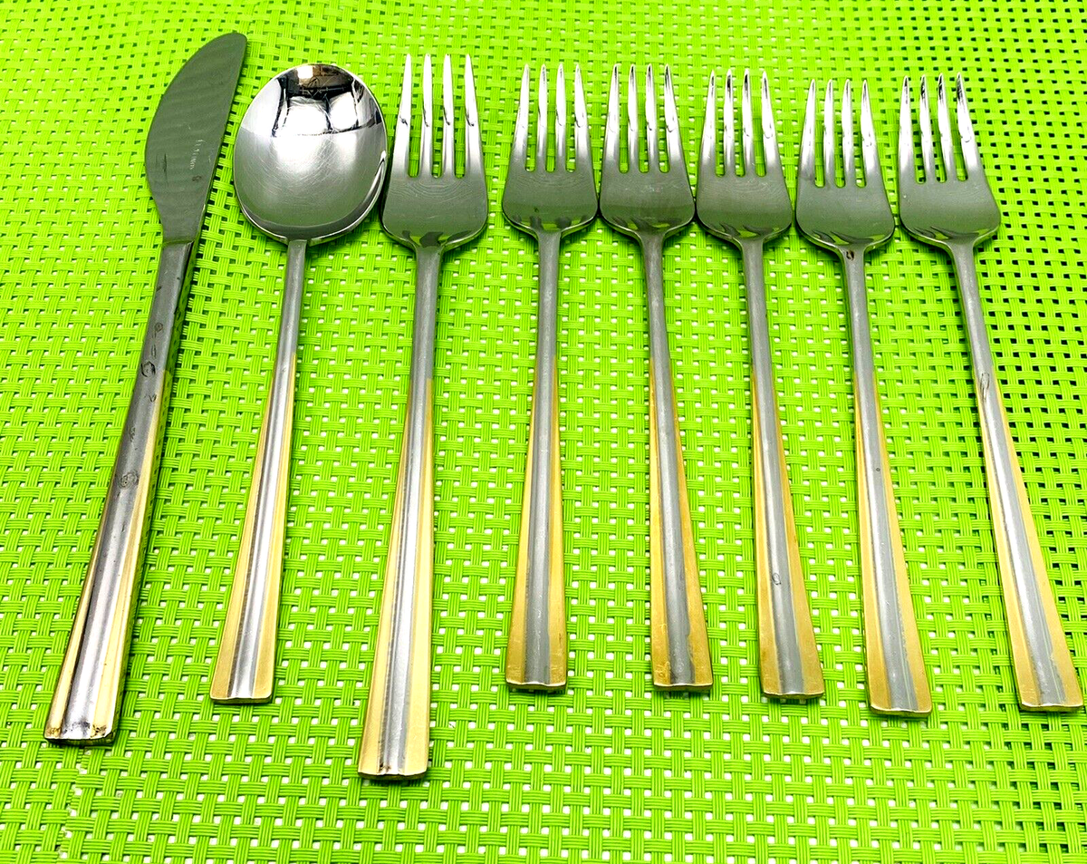 8 Piece Mixed Abert Inox Italy Stainless and Gold Flatware