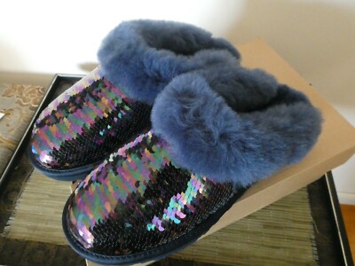 UGG Cluggette Sequins Sheepskin Flux Cozy Women Navy Slipper US 6 Style1127490