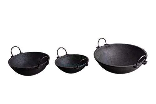 Traditional Handcrafted Iron Cooking Kadai Combo Set Of 3 Cookware Kadai Set