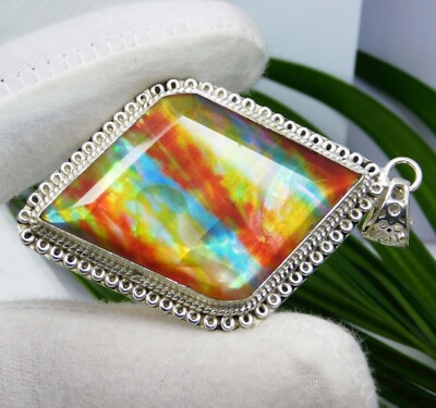 Certified 102.45 Ct Natural Ammolite Pendant 925 Solid Silver Fancy Cut Gemstone