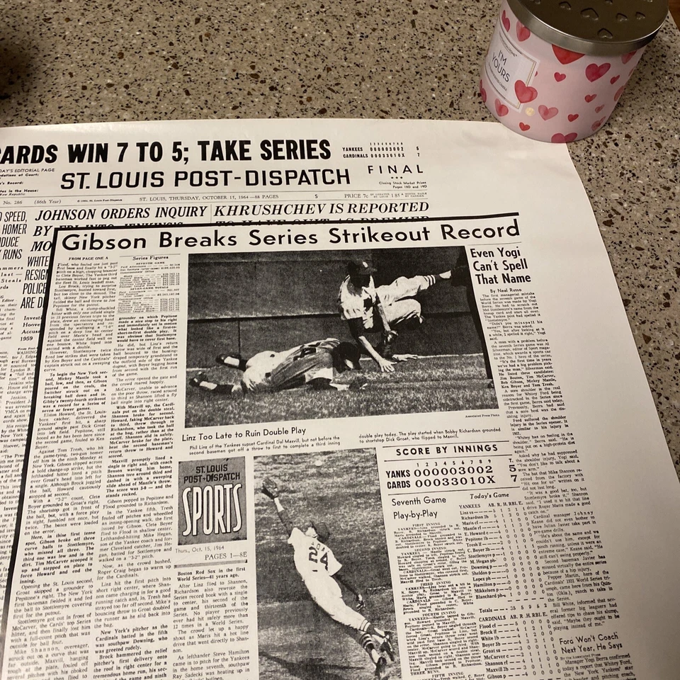 St. Louis Post Dispatch 1964 World Champs St. Louis Cardinals Poster 22.5"x17.5" - Image 3 of 4