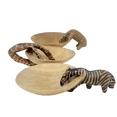 Set of 3 Amani Ya Ju Hand Carved Wooden Bowls Safari Zebra Giraffe Leopard