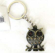 GOLD BRASS ORANGE CRYSTAL GEM PERCHED OWL BIRD KEY CHAIN-NEW BOX K-291