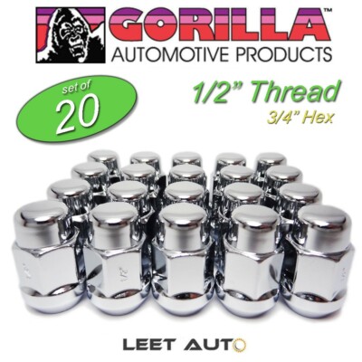 (20pc.) Gorilla Lug Nuts, 1/2'' Thread, 3/4'' Hex 19mm, Bulge Acorn, Chrome, 41188
