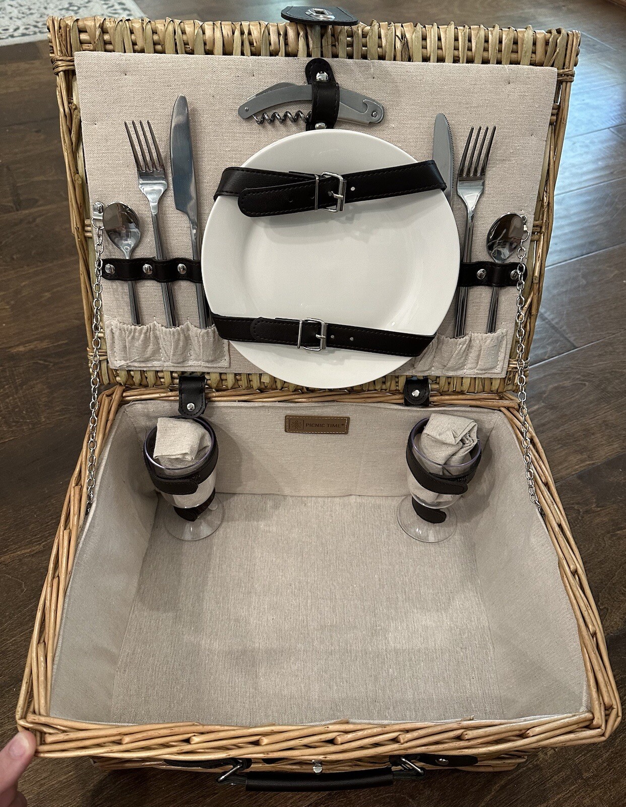 Pottery Barn Picnic Basket For 2 With Ceramic Plates, Goblets