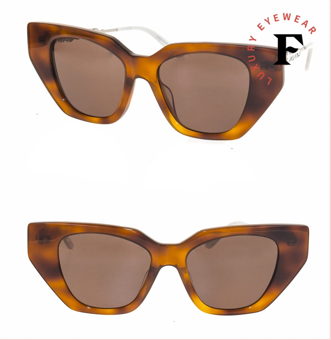 GUCCI STAR 0641 Silver Brown Havana Crystal Cat Eye Runway