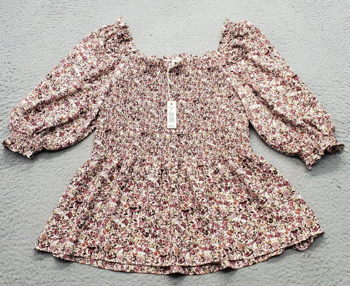 Max Studio Peplum Top Women's L Multi Floral Ruched Balloon Sleeve Off Shoulder