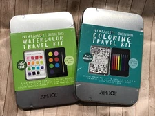 ART 101 mini TRAVEL KITS in TIN COLORING BOOK and WATERCOLOR PAINTS 6" NEW