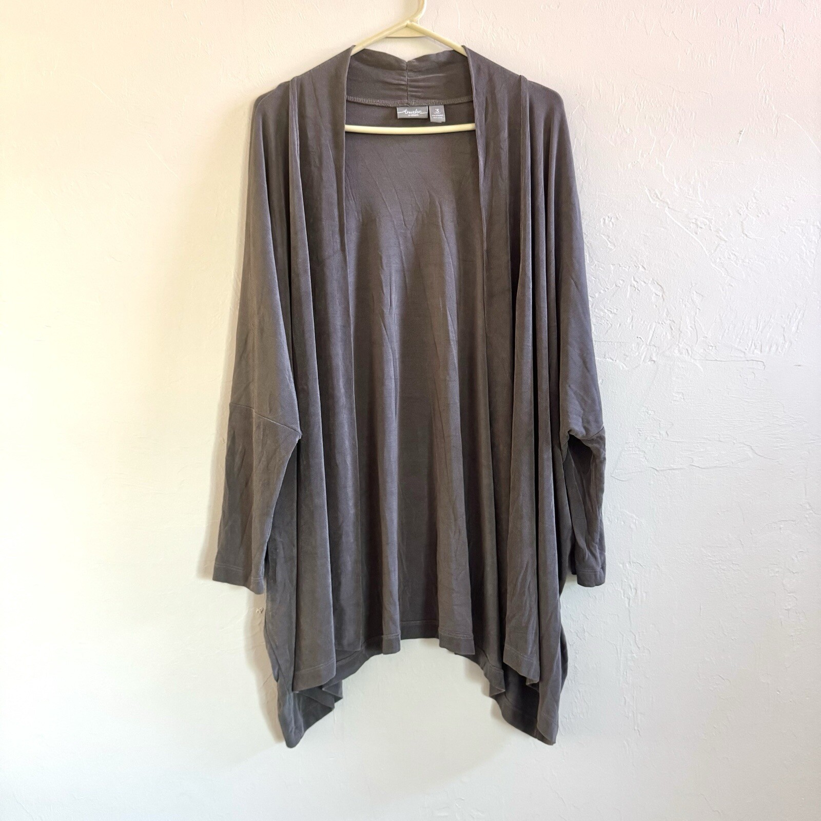Chicos Travelers Open Front Slinky Knit Long Cardigan Sz 3 US XL Dolman Sleeve