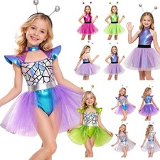 US Girls Alien Cosplay Costume Glittery Sequin Tulle Metallic Halloween Leotard