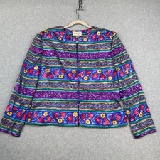 VTG Adrianna Papell 100% Silk Multicolor Blazer Vivid Work Dress Jacket Size 16