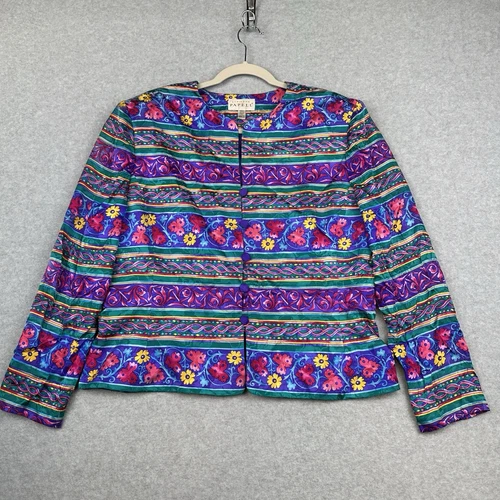 VTG Adrianna Papell 100% Silk Multicolor Blazer Vivid Work Dress Jacket Size 16