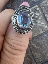 Sterling Silver 10x7mm Blue Spinel Marcasite Ring SZ 6.25, 4.92g