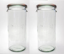 Weck 908 Cylindrical Jars, 1-Liter, 35.2 Ounce, Lids, Seals and Clamps, Set of 2