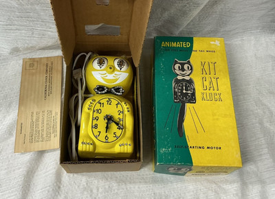 Yellow Bejeweled Kit-Cat Klock Clock with Original Box WORKS! Antique!
