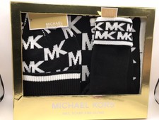 MICHAEL KORS BLACK/WHITE 3 PIECE SCARF/ HAT AND GLOVES REPEAT LOGO GIFTSET NIB