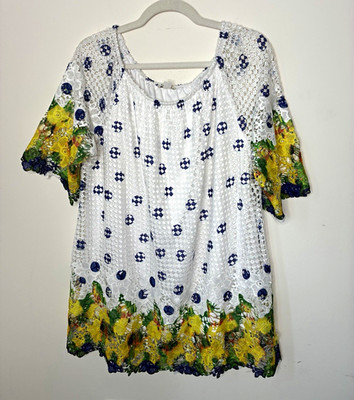 ET 1946 Women s L Lace Embroidered Floral Scoop Neck Pullover Short Sleeve