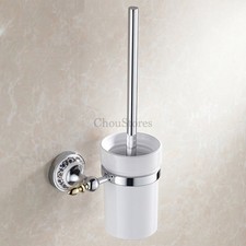 Chrome Toilet Brush Holder Set Wall Mount Ceramic Cup Vintage Bathroom Accessory