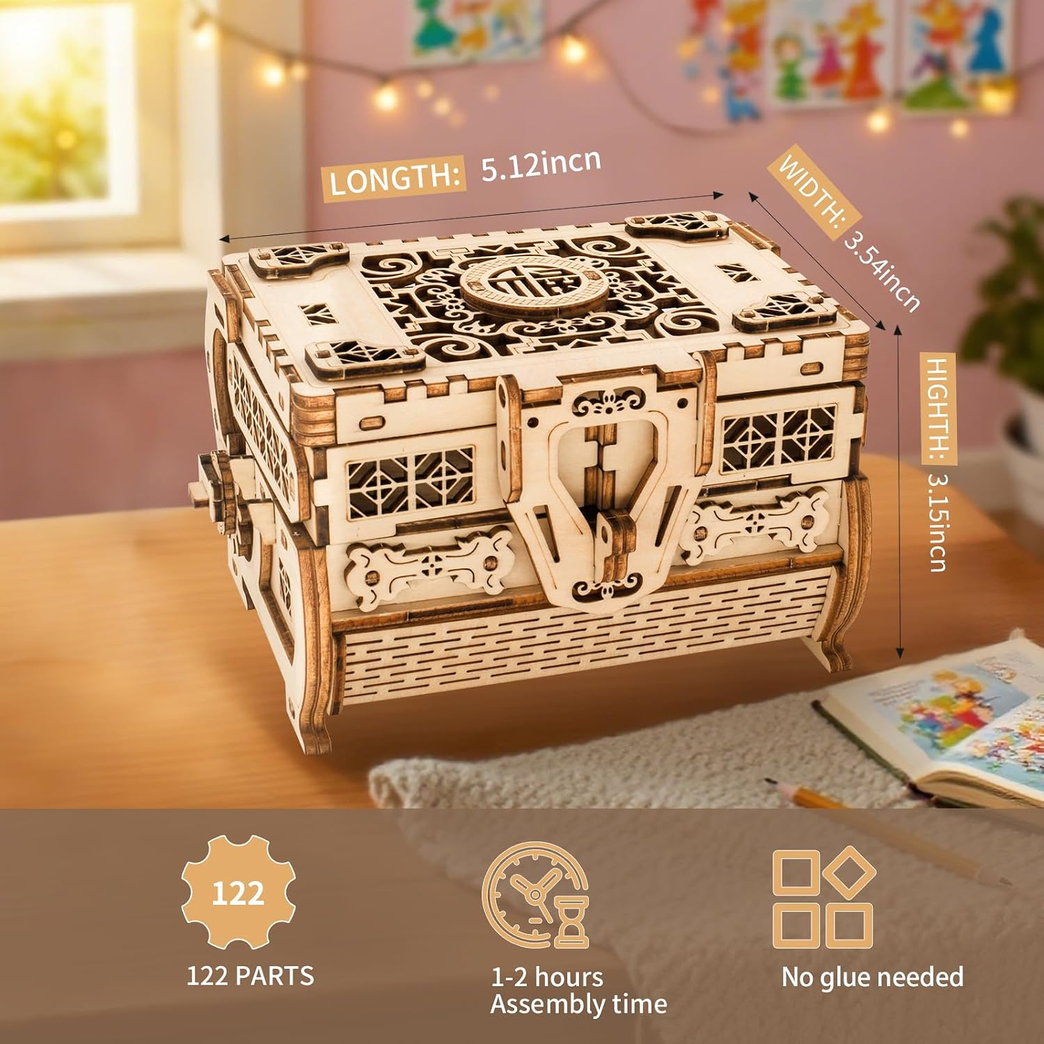 3D Wooden Treasure Box Puzzle DIY Mechanical Model Kit Building Gift ...