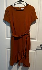 Calvin Klein Orange Midi Dress w/ belt and ruffled hem