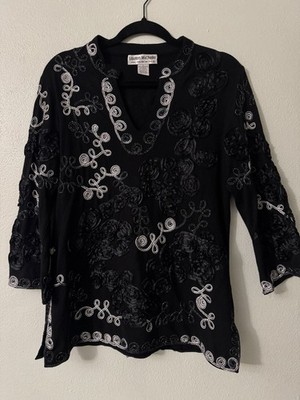 Lauren Michelle Black Embroidered Rose Blouse Top Size L Designer 3/4 Sleeve