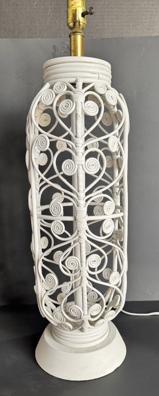 Vtg White Wicker Lamp Fiddlehead Spiral Coastal Boho Farmhouse Cottagecore
