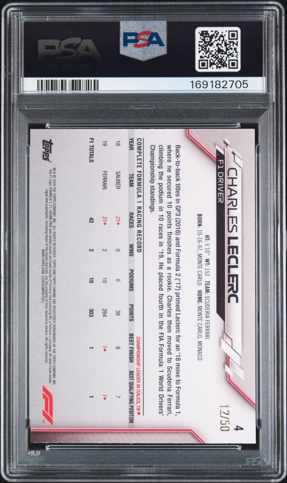 2020 TOPPS CHROME FORMULA 1 SAPPHIRE EDITION GOLD CHARLES LECLERC RC 12/50 PSA 7 view 2