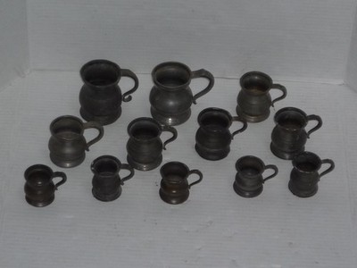 VINTAGE ENGLISH PEWTER 3 , 1/2 , 1/4 GILL MEASURING TANKARD (12) MARKED READ