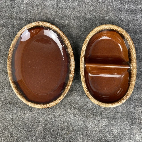 Vtg Hull H.P. Co Brown Oven Proof Oval Divided Casserole Dish & Platter Set USA