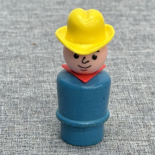 Vintage Fisher Price Little People Farmer Cowboy Blue Body Yellow Hat Red Scarf