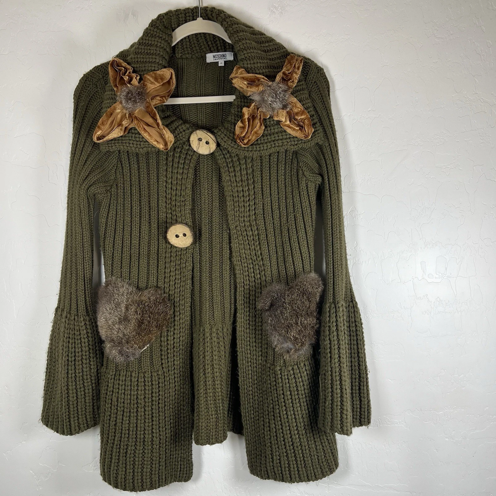 Cardigan donna Moschino economico e chic taglia M verde oliva bottoni misto lana