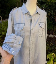 Mens 2XL 100% Linen Saks Fifth Ave Button-Up Long Sleeve Gray Cadet Slim Fit 