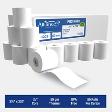 Alliance Thermal Paper Receipt Rolls 3-1/8 x 220 BPA Free POS Roll - 50 Rolls