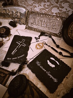 1800s Victorian Mourning Sympathy Cards - Black + Silver - RARE