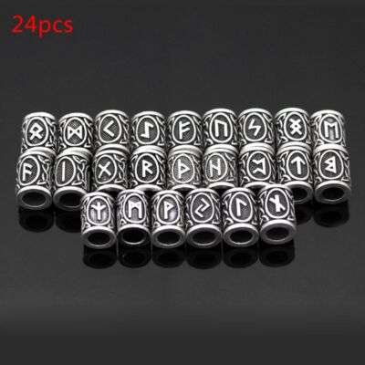 24 New Ancient Silver Look Norse Viking Rune Beads Bracelet Beard Jewelry Making
