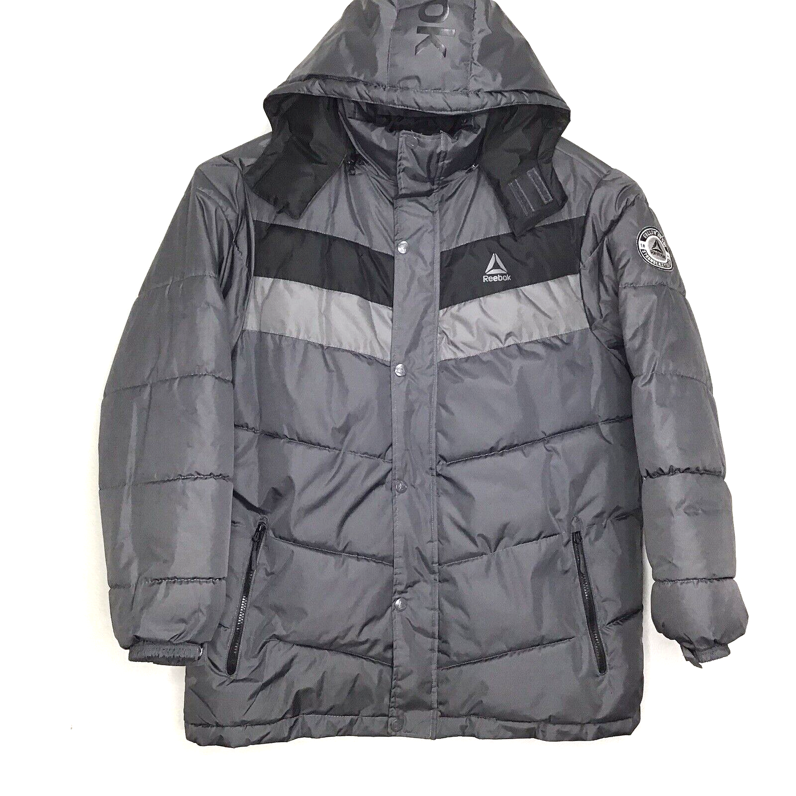 Reebok Puffer Jacket Men's Size XL Black Gray Hooded Winter Coat-image