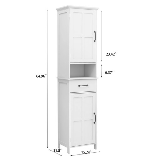 Tall Bathroom Floor Cabinet W/ Shelves Narrow Storage W/ Doors & Drawer White - Picture 2 of 11