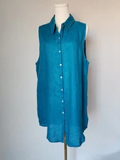 NWT C&C California 100% Linen Tunic Sleeveless Shirt Mini Dress Blue Women's L