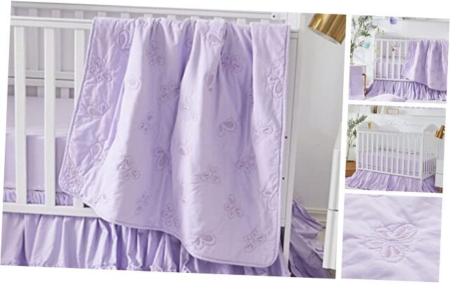 Baby Girls Crib Bedding Set with Embroidered Butterfly Quilt, 6-piece Purple