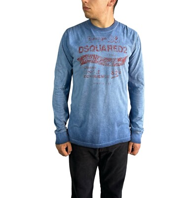 Vintage Dsquared2 Men's T-Shirt Long Sleeve Art Pattern Pullover Blue Size  XL