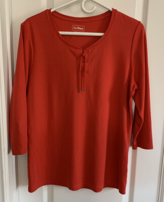 L.L Bean Long Sleeve Blouse Top Womens M Regular Lace Up Casual Comfort Pimento