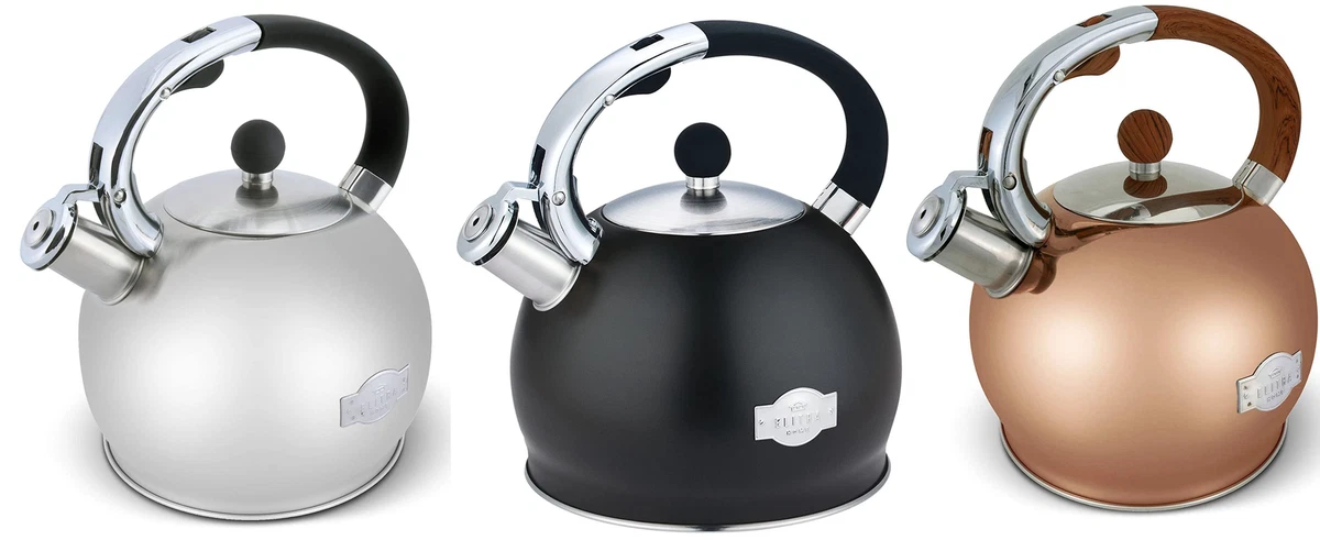 Elitra Whistling Kettle Stainless Steel Tea Pot with Stay Cool Handle - 2.6 qt / 2.5 Liter - Black