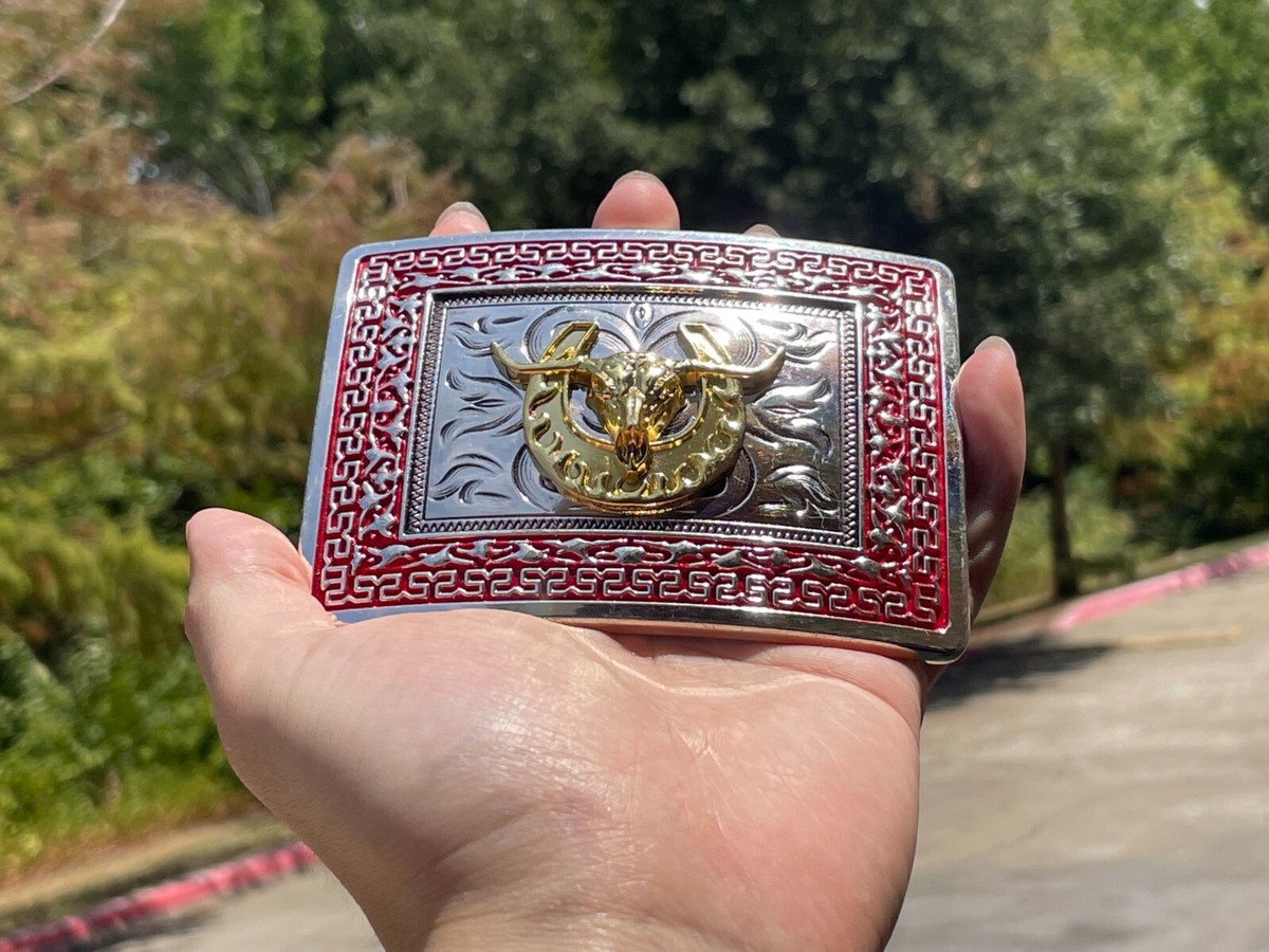 Fibbia Western Longhorn Steer * Argento Brillante E Oro * Bovino E Stelle * Sfondo Inciso * Adatto A Cinture Fino A 1 1/2" * Qualità Premium - Italia - Foto 14
