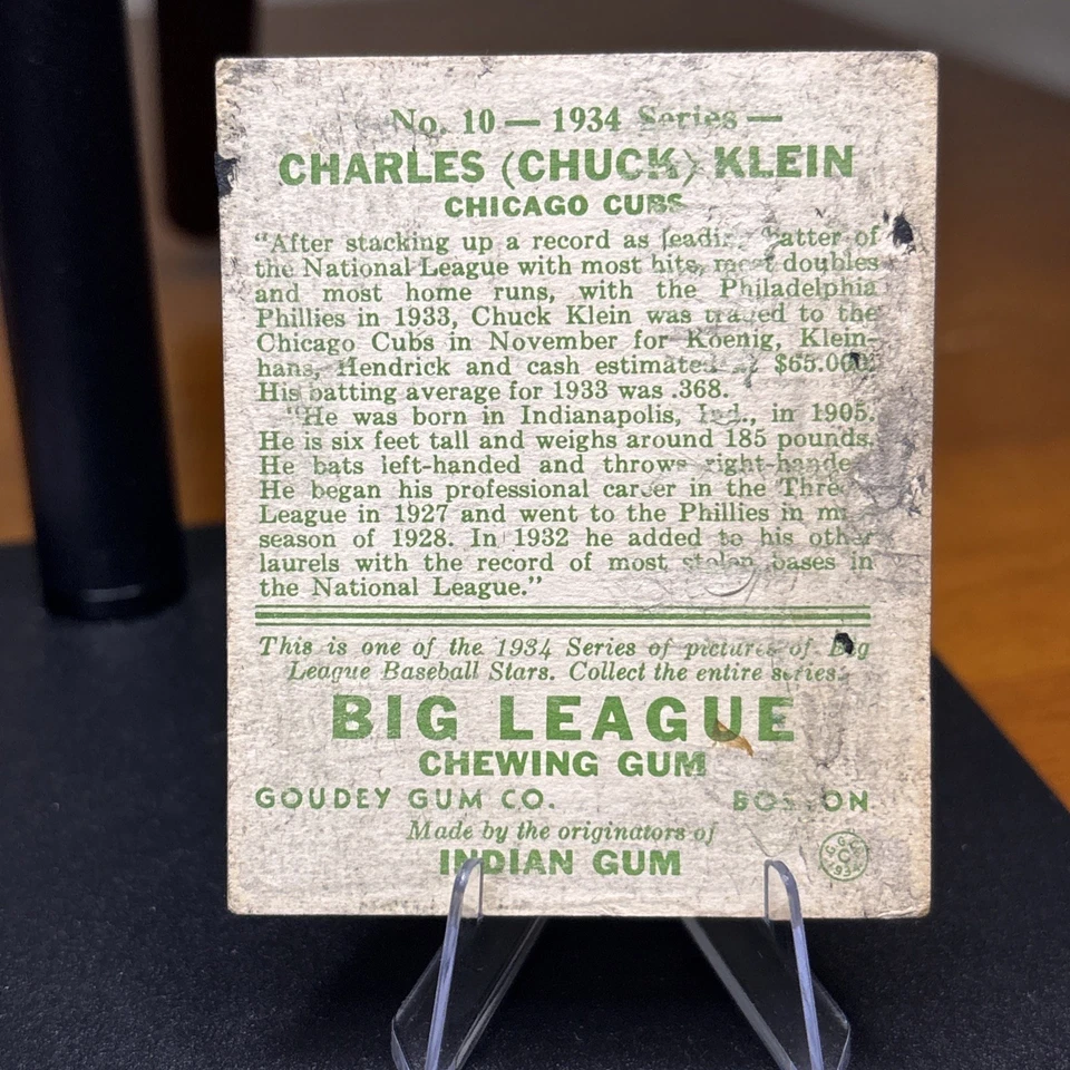 1934 Goudey Baseball #10 Charles (Chuck) Klein GD *d3 Foto 2 de 2