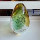 Green & Yellow Swirll Murano Glass Style Egg Shaped Paperweight Vintage MCM