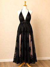 Windsor Black Halter Floral Embroidered Mesh Lined Maxi Dress Women L