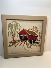 Vintage Needlepoint Cross-stitch Beautiful Covered Bridge Scene Painted Frame