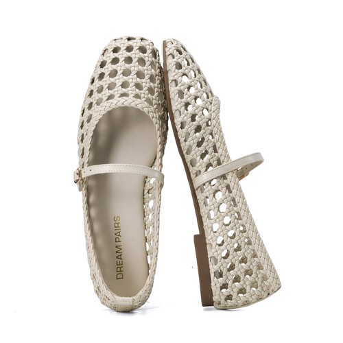 Women Woven Ballet Mary Jane Flats Ankle Strap Square Toe Casual Shoes ...