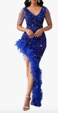 Elegant Sequin V Neck Tassel Mermaid Bodycon Formal Party Gowns Evening Maxi XL